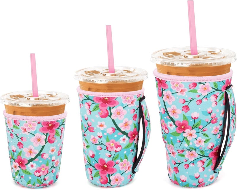 Snowso 3 Pack Iced Coffee sleeve Insulated Neoprene Cup Sleeves with handle For Cold Drinks Beverages, Reusable Cup Holder for 16oz-32oz Coffee Cups (Cherry Blossom) - Image 1